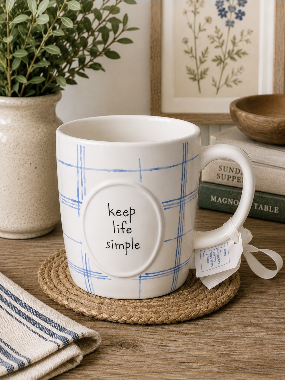 Rae Dunn White Mug with Light Blue Plaid - "keep life simple"